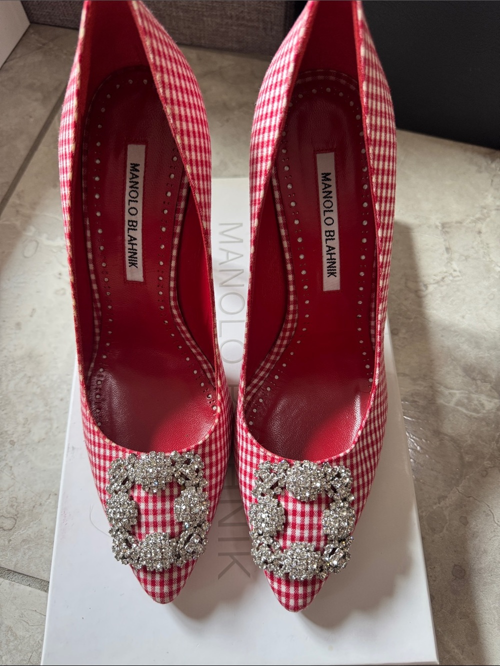 Manolo Blahnik Red Gingham Crystal-Buckle Pointed Toe Pumps - Picture 5 of 6